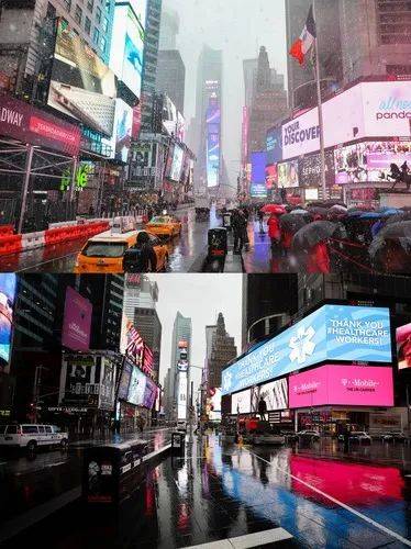 ▲拼版照片显示：分别于2019年12月2日（上）和2020年3月23日（下）拍摄的美国纽约时报广场。新华社记者王迎摄