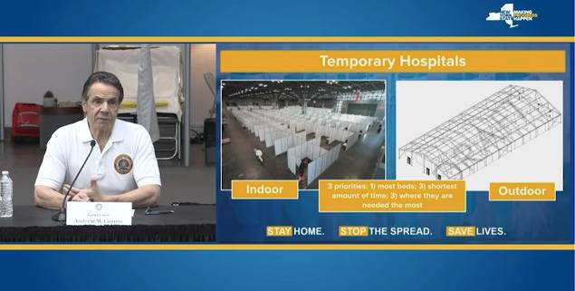 纽约州州长科莫27日介绍纽约首个“方舱医院”。/纽约州长办公室网站