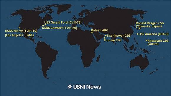 美国东西海岸的两艘USNS为医疗舰，USS指现役船舰，ARG指两栖战舰队。来源：USNI News