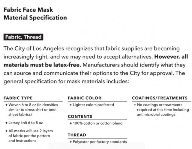 洛杉矶市政府给出的布料口罩规格细节图自洛杉矶市政府网站