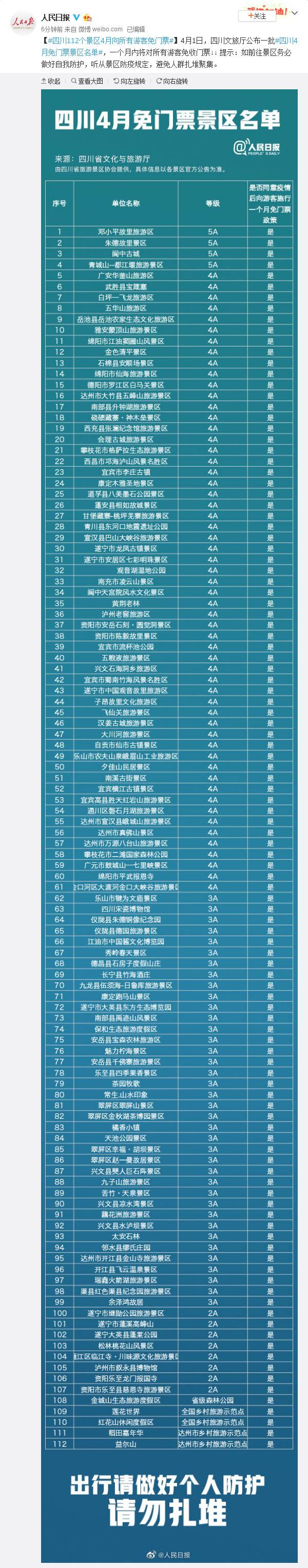 四川112个景区4月向所有游客免门票