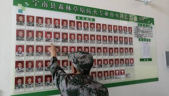 扑火队81名队员的照片墙。摄影：赵孟