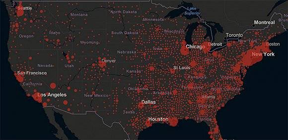 美国疫情分布来源：约翰斯·霍普金斯大学