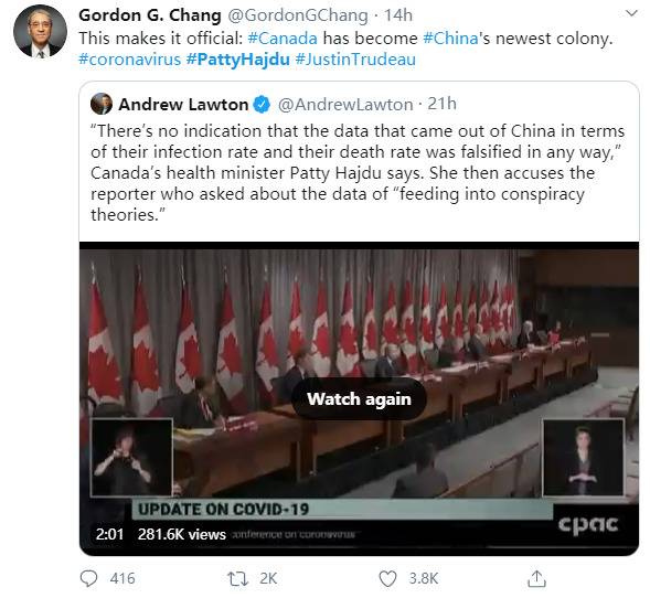 加拿大卫生部长说没证据显示中国数据造假，结果可想而知