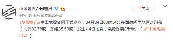 西藏阿里地区改则县发生4.4级地震，震源深度8千米