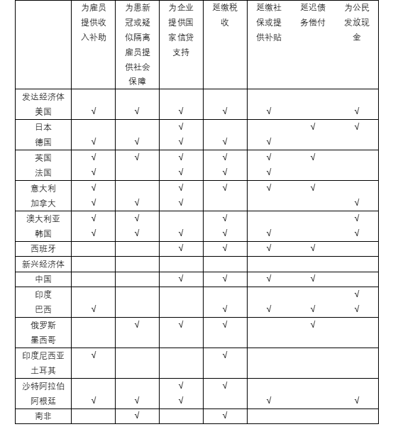 资料来源：InquilineX（微博），截至3月20日的情况，原表分为“采纳/高概率采纳”及“正在讨论”，作者确认了“正在讨论”的情况并整合，因此本表主要反映的是已被G20国家采纳的政策应对措施。