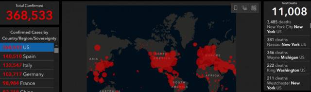 约翰-霍普金斯大学：美国新冠肺炎累计确诊病例超过36万例，死亡11008例
