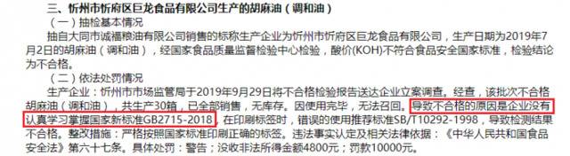 生产标准使用错误 山西2批次食用油抽检不合格被罚