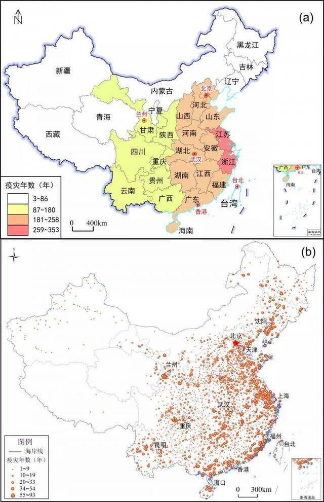 图3中国历史疫灾的空间分异图（a） 2200年来按省域统计；（b） 300年来按县域统计