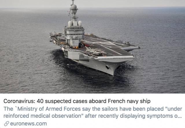 法国海军航母出现40名新冠肺炎疑似病例。/欧洲新闻电视台报道截图