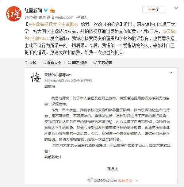 拍虐猫视频大学生道歉：给我一次改过的机会