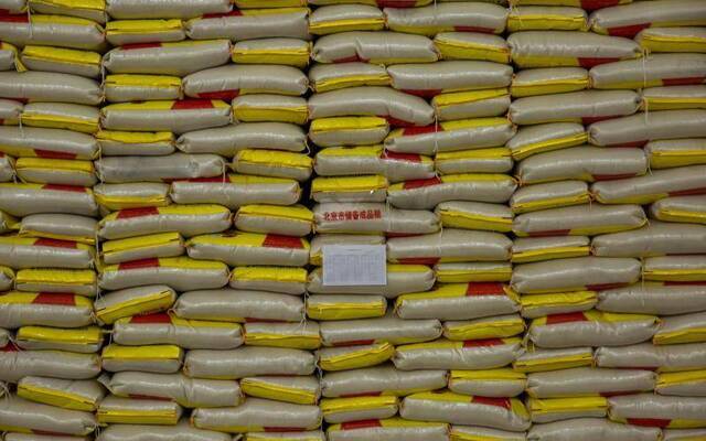  2月14日，北京市张辛粮食储备有限公司，储备粮仓库里的大米。摄影/新京报记者李凯祥