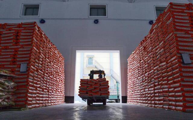 2月14日，古船米业商品粮仓库，工人正把大米垛好。摄影/新京报记者李凯祥