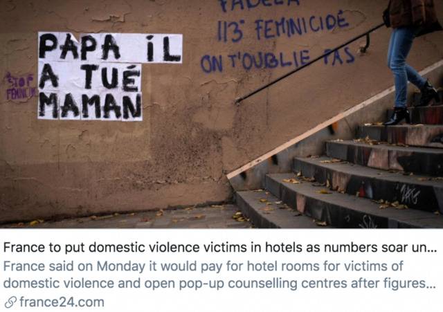 因疫情导致家暴受害者数量激增，法国将受害者安置在酒店中。/法国24电视台报道截图