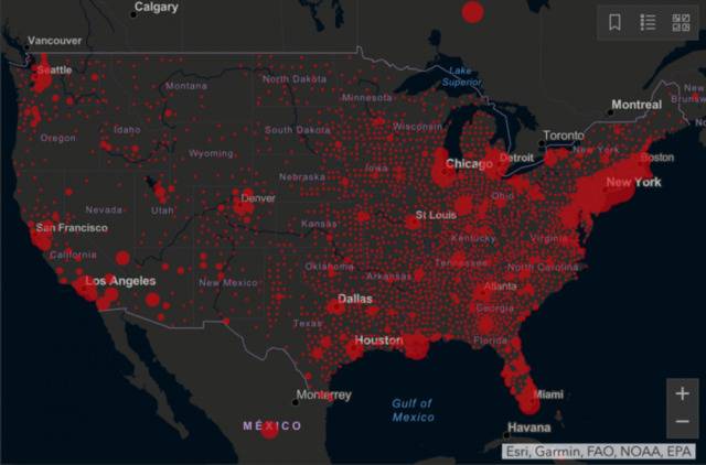 美国疫情地图来源：约翰斯·霍普金斯大学
