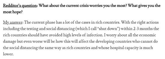 ·盖茨在Reddit上回答关于疫情危机的担忧。