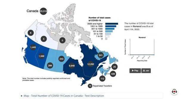（4月11日，加拿大疫情图来源：加拿大政府网截图）