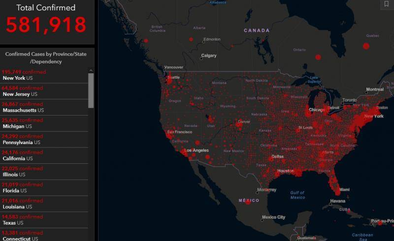 截止今天的美国疫情实时统计图表来源：霍普金斯大学