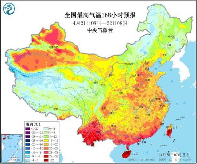  21日全国最高气温预报图