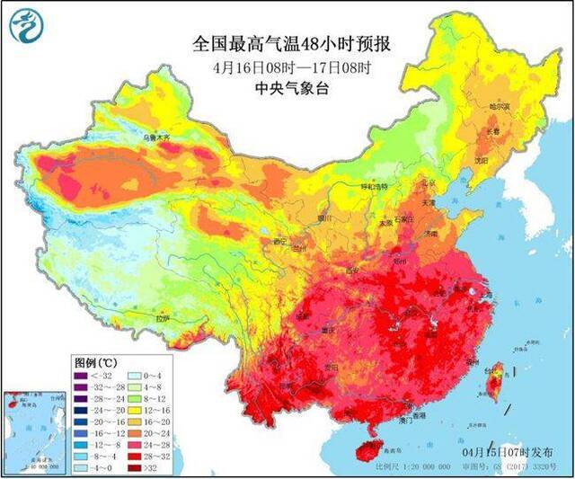  16日全国最高气温预报图