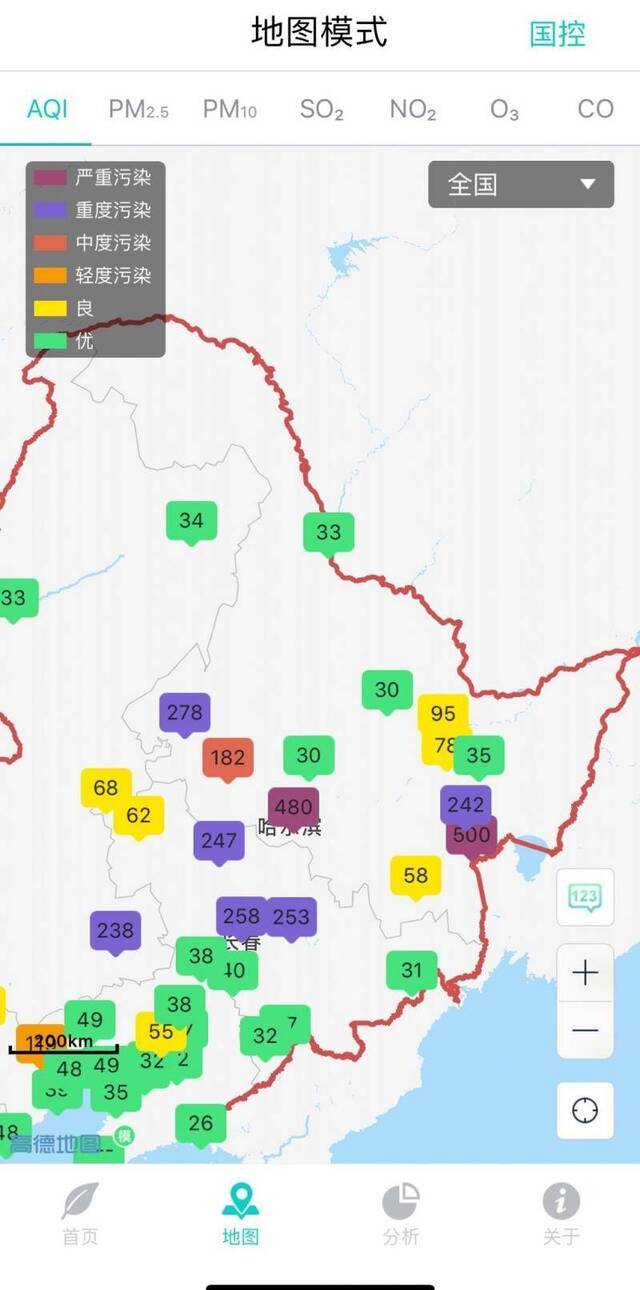 东北多地重污染，局地六级严重污染。图片来自中国环境监测总站