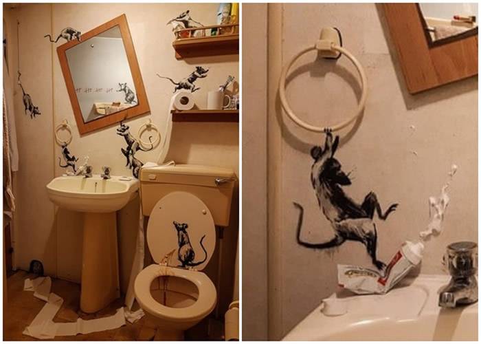 英国神秘涂鸦艺术家Banksy居家涂鸦浴室变“老鼠乐园”