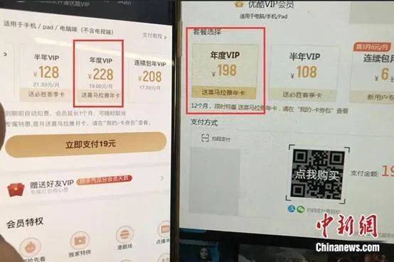 某在线视频网站一年VIP价格，在不同设备上购买价格相差30元。中新网吴涛摄