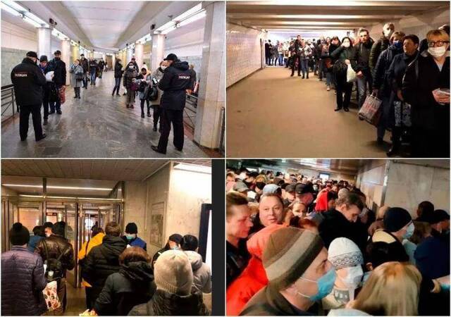 15日，在莫斯科的地铁站里，排队等待检查“通行证”的居民。图片来源社交媒体VK