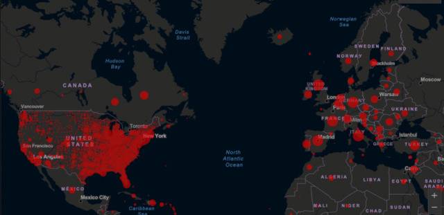 欧美疫情爆发情况（图/约翰·霍普金斯大学官网）