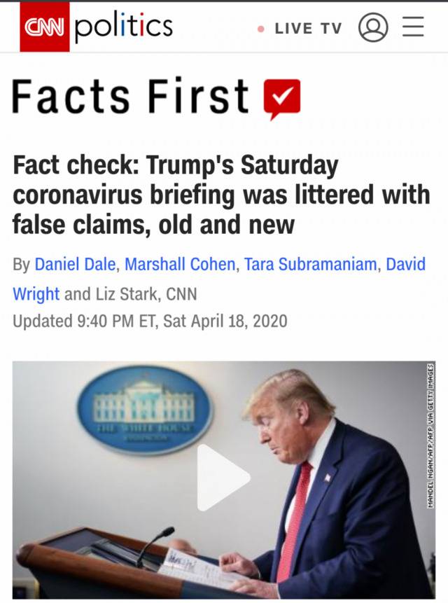 △ CNN：特朗普周六新冠疫情记者会充斥着谎言，不论是新的还是旧的。