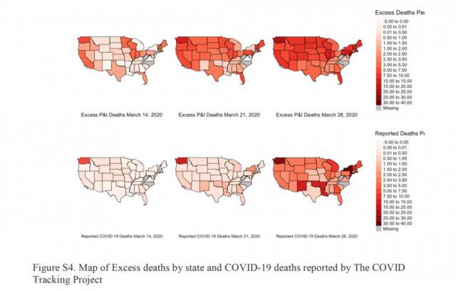  3月14日至3月28日，美国各州的超额死亡人数（上）和新冠肺炎报告死亡人数（下）