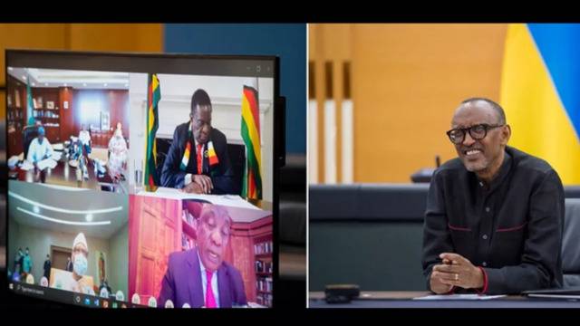 △卢旺达总统卡加梅（右）和非洲其他国家领导人召开视频会议（图片来源：卢旺达《新时代报》）