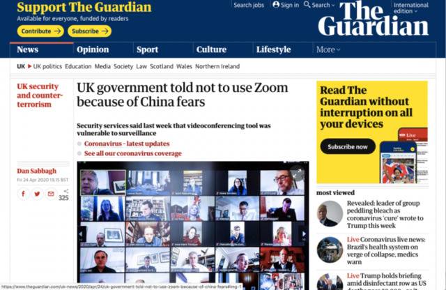 英情报机构警告政府和议会：不要用Zoom谈论有损中国利益的事