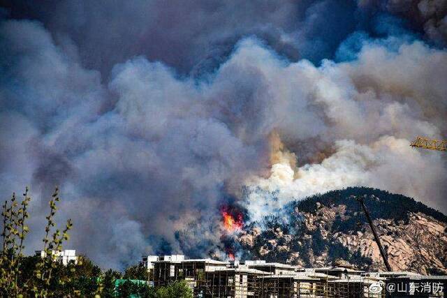 4月24日中午，山东青岛小珠山两处山林复燃。图据@山东消防