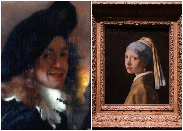 《穿耳膜的少女》戏仿弗米尔（左图）名作《戴珍珠耳环的少女》（右图）。