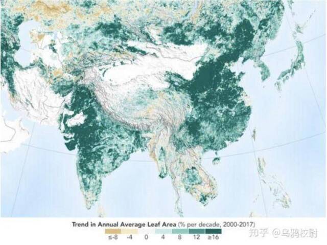 NASA公布的2000-2017年平均植被覆盖率趋势图。颜色越深，代表植被覆盖率增长越高图源：bing