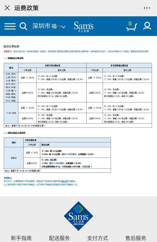 根据不同的订单价格和服务，山姆会员商店制定了不同的运费标准。