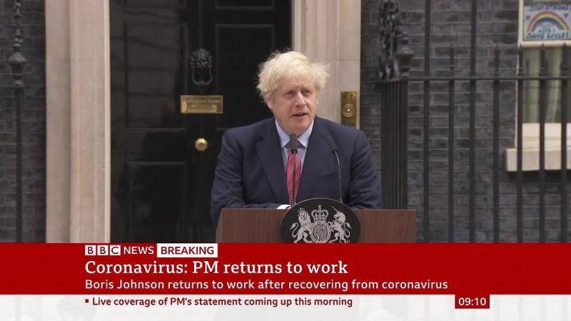 ▲当地时间27日，“复工”第一天的约翰逊在首相府发表电视讲话。图据BBC