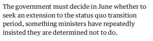 △《卫报》指出，政府必须在6月决定是否将再延长脱欧过渡期。