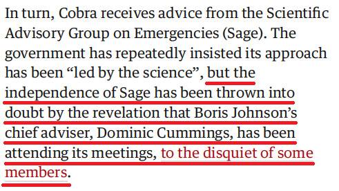 △紧急情况科学咨询小组认为，由于英国首相的首席顾问多米尼克·卡明斯参与到部分会议中，他们的独立性受到质疑