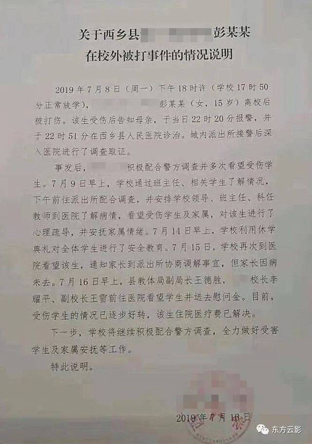 学校出具的相关情况说明。家属供图