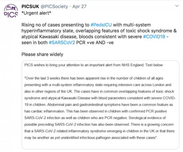 英国儿童重症监护协会（PICS）向民众发出警告。/推特截图