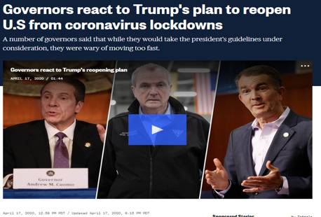 △NBC发文报道，美国多州州长认为重启经济为时过早