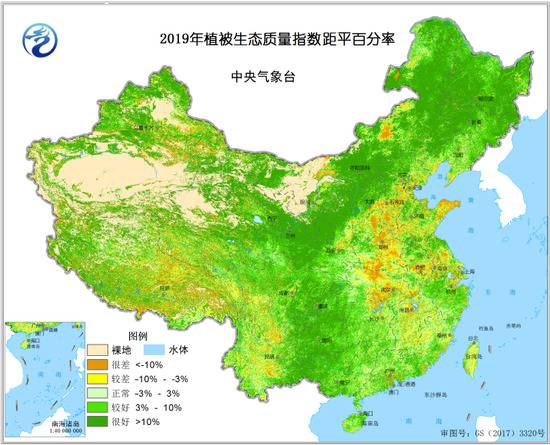 2019年植被生态质量指数距平百分率图片来源：《2019年全国生态气象公报》