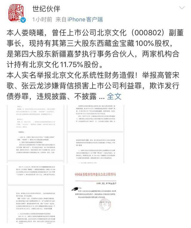 北京文化原副董事长举报原公司高管财务造假和职务侵占