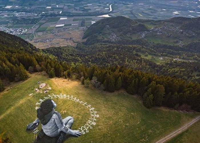 法国艺术家塞Saype在瑞士阿尔卑斯山度假胜地莱西恩完成巨型地画向世界传递希望