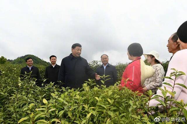 △2020年4月21日，习近平在陕西省安康市平利县老县镇蒋家坪村女娲凤凰茶业现代示范园区，同茶农们亲切交谈。