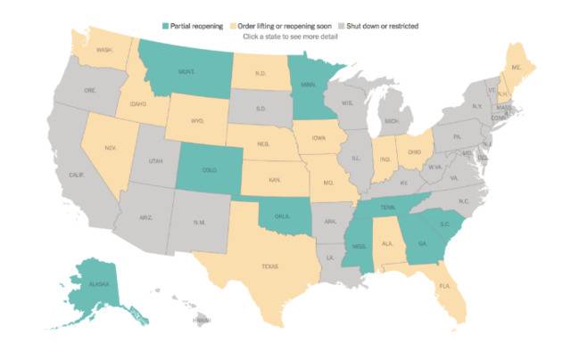 美国各州“重启经济”的进展：绿色代表已经“有限制”的开放；黄色代表“居家令”将于近期解除或马上“恢复开放”；灰色代表仍在严格限制之中。《纽约时报》网站截图