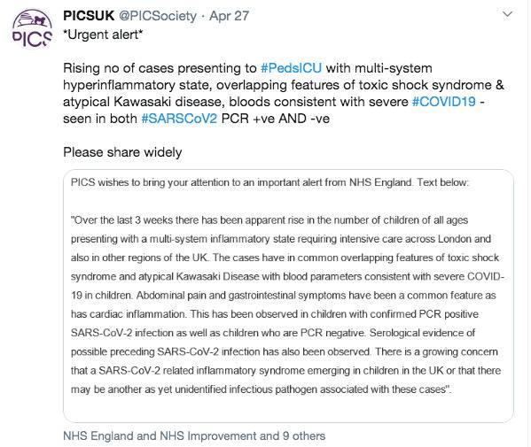 英国儿科重症监护协会在推特发出警告。