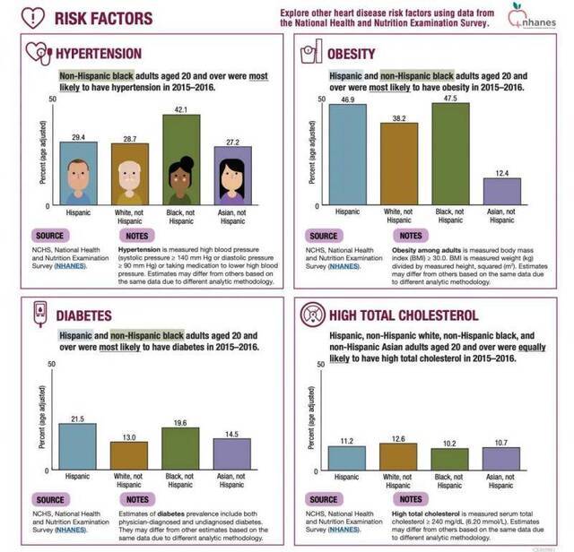  CDC的报告中关于各个族裔罹患高血压、肥胖症、糖尿病、高胆固醇等慢性病风险的部分